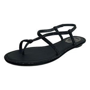 RENE CAOVILLA Black Crystal Embellished Satin Toe-Ring Strappy Flat Sandals